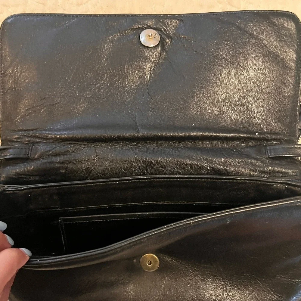 Vintage 90s Black Leather Shoulder Handbag Rectangle Minimalist Classy Old Money